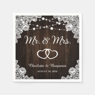 Servilleta De Papel Rustic Wood Lace String ilumina al Sr. y a la Sra.