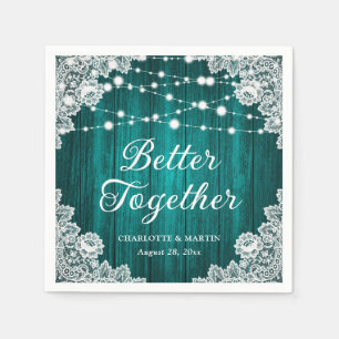 Servilleta De Papel Rustic Wood Lace String Lights Boda Verde azulado