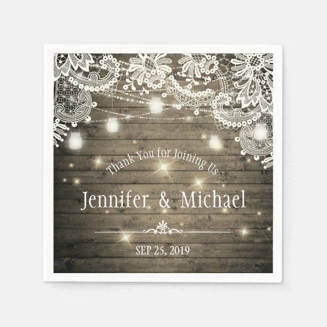 Servilleta De Papel Rustic Wood Mason Jar String Lights Lace Boda (Anverso)