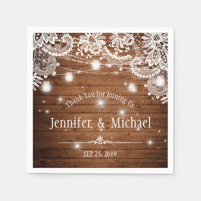 Servilleta De Papel Rustic Wood Mason Jar String Lights Lace Boda (Anverso)
