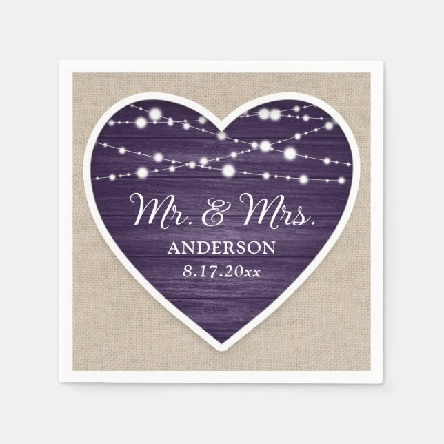 Servilleta De Papel Rustic Wood Purple Mr. y Mrs. Boda (Anverso)