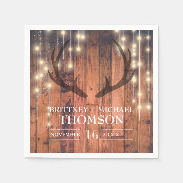 Servilleta De Papel Rustic Wood String Lights Antler (Anverso)
