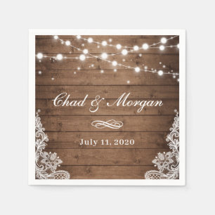 Servilleta De Papel Rustic Wood String Lights Lace Boda