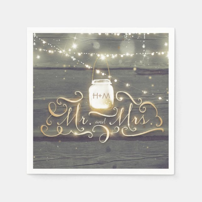 Servilleta De Papel Rustic Wood String Lights Mason Jar Boda (Anverso)
