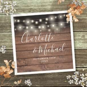 Servilleta De Papel Rustic Wood String Lights Signature Script Boda