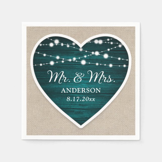 Servilleta De Papel Rustic Wood String Lights Verde azulado Mr. y Mrs. (Anverso)