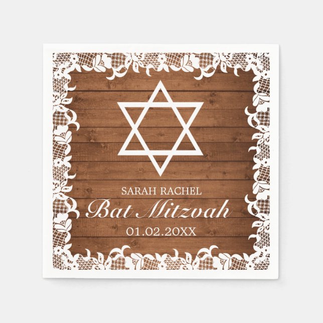 Servilleta De Papel Rustic Wood & White Lace Bar Bat Mitzvah (Anverso)