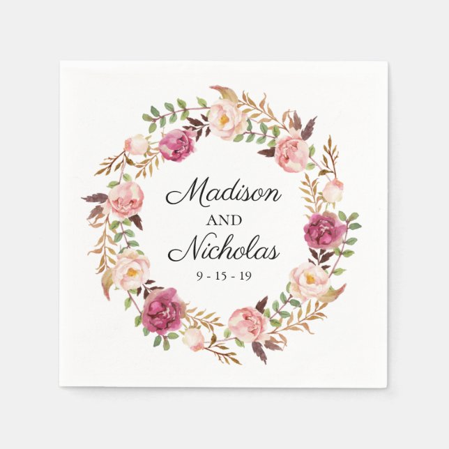 Servilleta De Papel Rústica Boda floral rosa (Anverso)