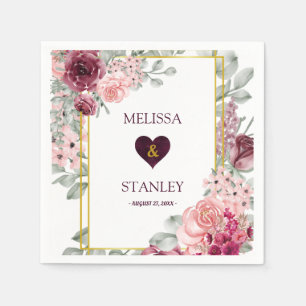 Servilleta De Papel Rústica Borgoña Marsala y Boda floral rosa