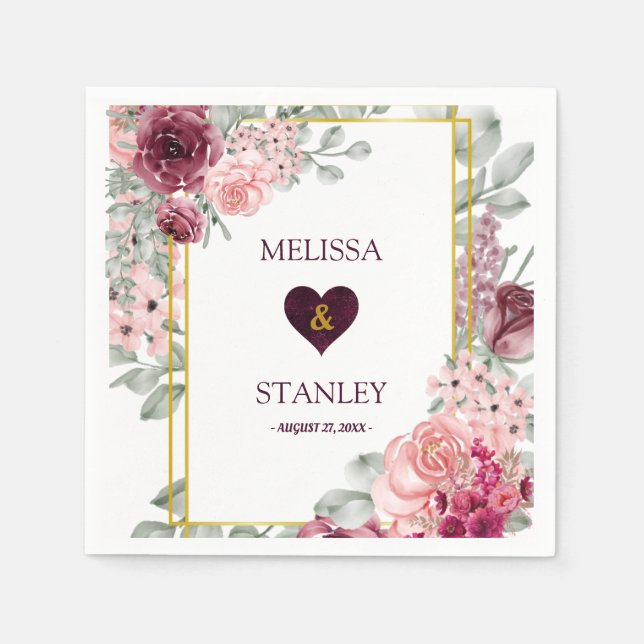 Servilleta De Papel Rústica Borgoña Marsala y Boda floral rosa (Anverso)