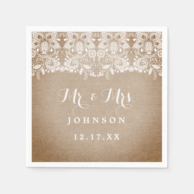 Servilleta De Papel Rústica Burlap Lace Boda Papel (Anverso)
