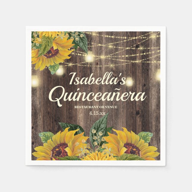 Servilleta De Papel Rústica Cadena Girasol Ilumina Madera Quinceañera (Anverso)