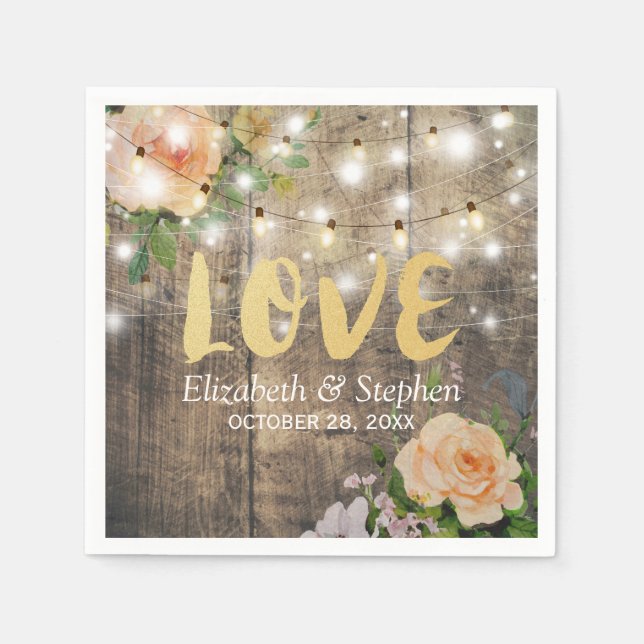 Servilleta De Papel Rústica Madera Floral String Luces Wedding Ducha (Anverso)