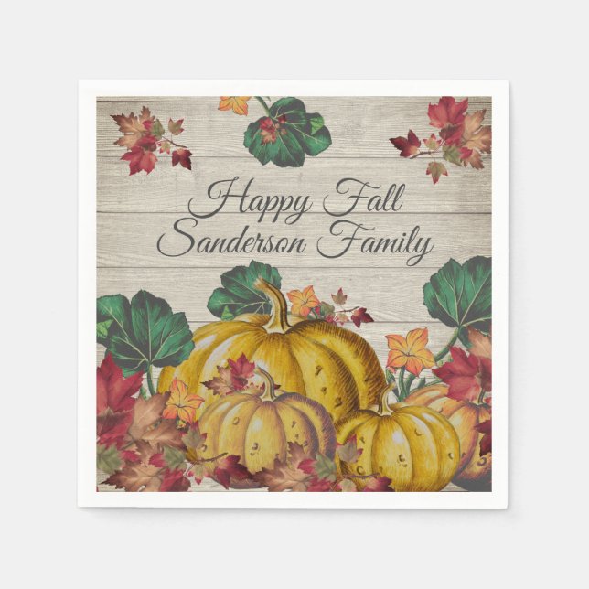 Servilleta De Papel Rústica Madera Gris Otoño Naranja Calabaza Hojas C (Anverso)