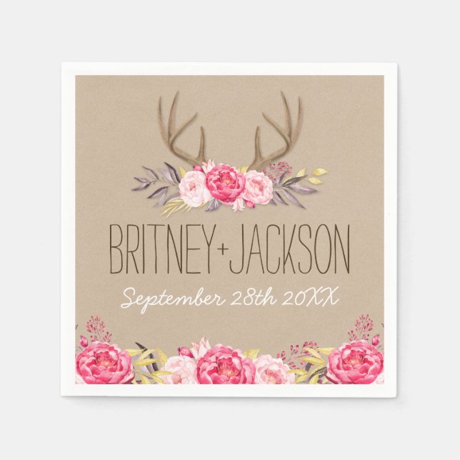 Servilleta De Papel Rústica Peony y Napkins Boda Antler (Anverso)