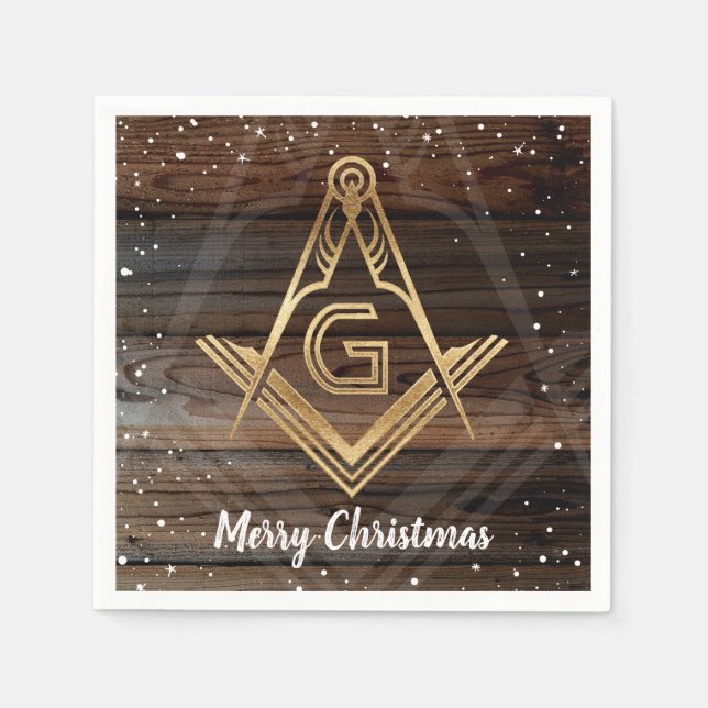 Servilleta De Papel Rústica Wood Gold Feliz Navidad Masonic Napkins (Anverso)