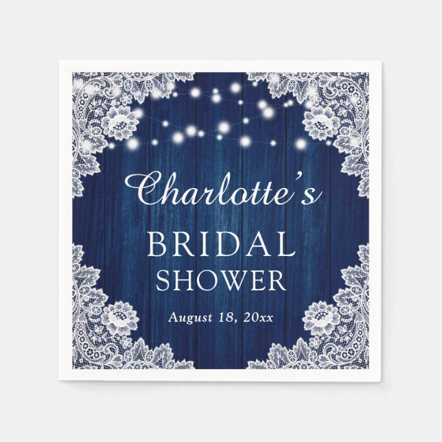 Servilleta De Papel Rústica Wood Lace Naval Blue Bridal Shower Napkins (Anverso)