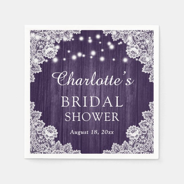 Servilleta De Papel Rústica Wood Lace Purple Bridal Shower Napkins (Anverso)