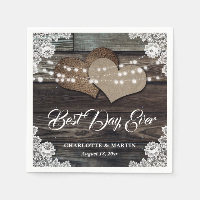 Servilleta De Papel Rústica Wood Lace Two Burlap Heart Boda (Anverso)
