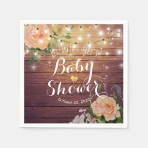 Servilleta De Papel Rústica Wood Peach Floral String Lights Baby Showe