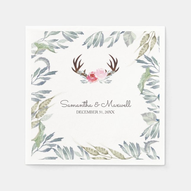 Servilleta De Papel RÚSTICAS Antler Deer y Rosa Rosa Rosa (Anverso)