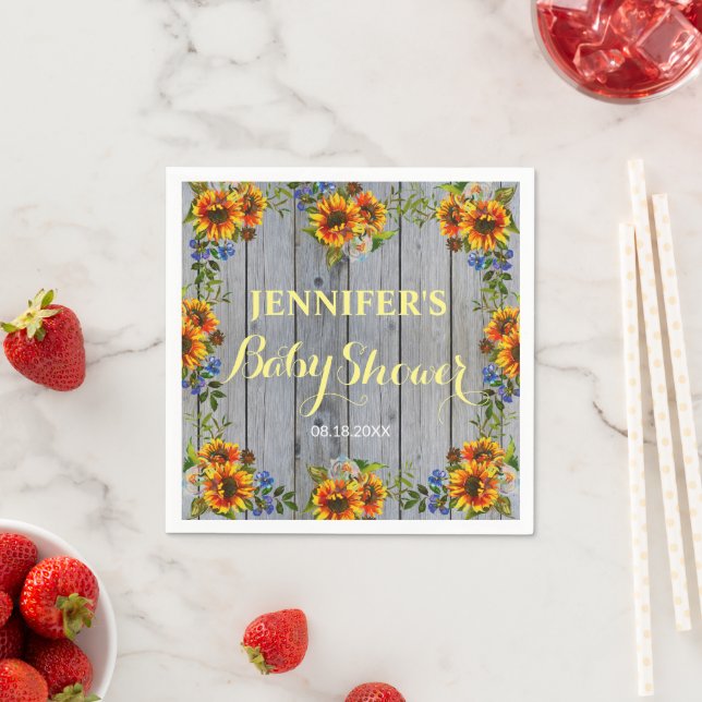 Servilleta De Papel Rústico Barnwood Boho Sunflower Baby Shower Napkin (In situ)
