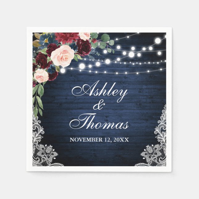 Servilleta De Papel Rústico Boda Blue Burgundy Floral Lace (Anverso)