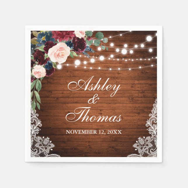 Servilleta De Papel Rústico Boda Burgundy Blue Floral Lace (Anverso)