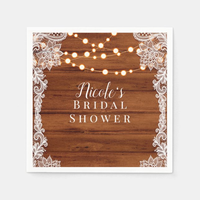 Servilleta De Papel Rústico Boda de luz de cadena y encaje de madera (Anverso)