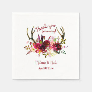 Servilleta De Papel Rústico Boho Burgundy Floral antlers decoración bo