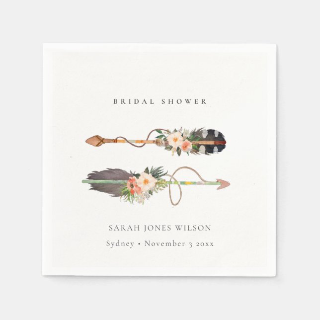 Servilleta De Papel Rustico Boho Plumas Floral Flecha Despedida de Sol (Anverso)