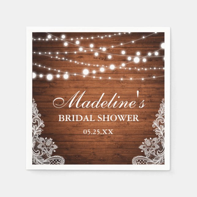 Servilleta De Papel Rústico Bridal Shower Wood String Luces Lace (Anverso)