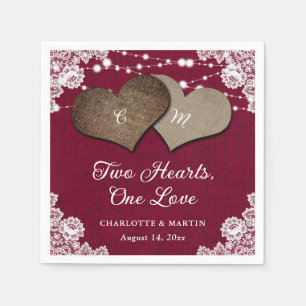 Servilleta De Papel Rústico Burgundy Burlap Lace String Luces Boda