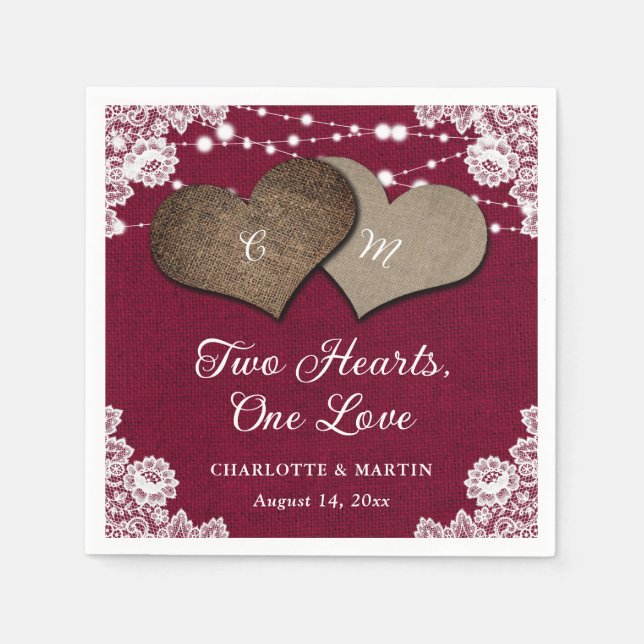 Servilleta De Papel Rústico Burgundy Burlap Lace String Luces Boda (Anverso)