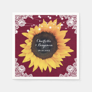 Servilleta De Papel Rústico Burlap Lace Burgundy Sunflower Boda