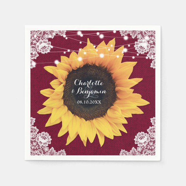 Servilleta De Papel Rústico Burlap Lace Burgundy Sunflower Boda (Anverso)