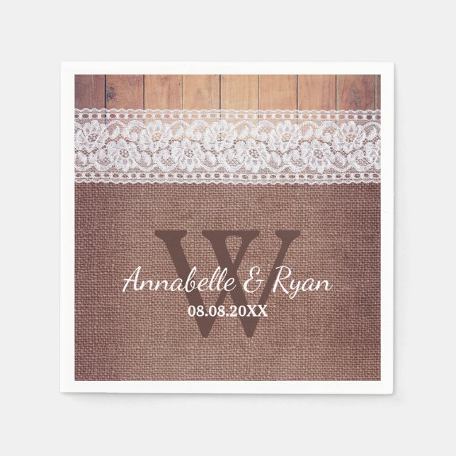 Servilleta De Papel Rústico Burlap Lace & Wood | Boda de monograma (Anverso)