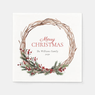 Servilleta De Papel Rústico cálido rojo invierno Wreath Feliz Navidad