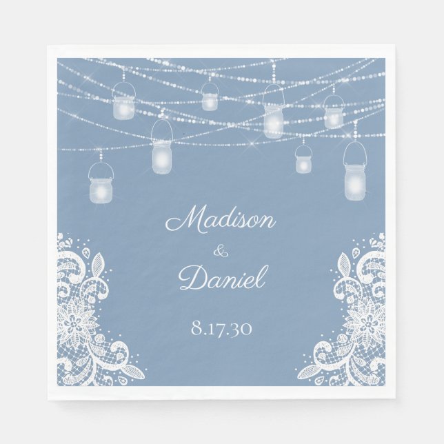 Servilleta De Papel Rústico Dusty Blue Luces Bodas Napkins (Anverso)