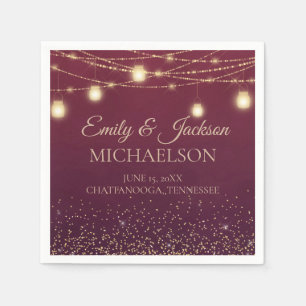 Servilleta De Papel Rústico elegante Burgundy Gold String Luces Boda