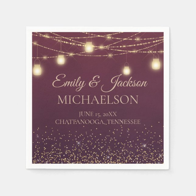 Servilleta De Papel Rústico elegante Burgundy Gold String Luces Boda (Anverso)