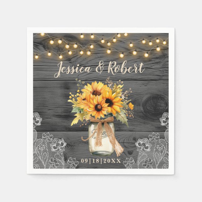 Servilleta De Papel Rústico girasol Mason Jar Boda Napkins (Anverso)