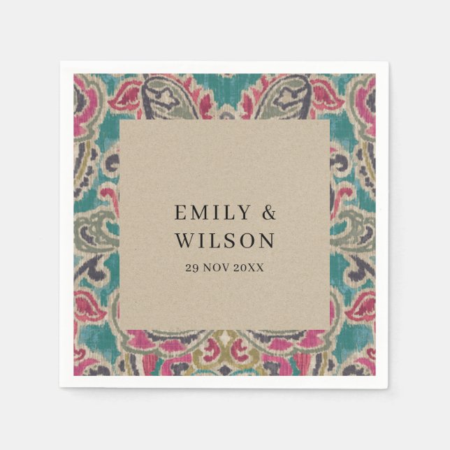 SERVILLETA DE PAPEL RÚSTICO KRAFT BOHO TRIBAL IKAT BODA VERDE AZULADO  (Anverso)