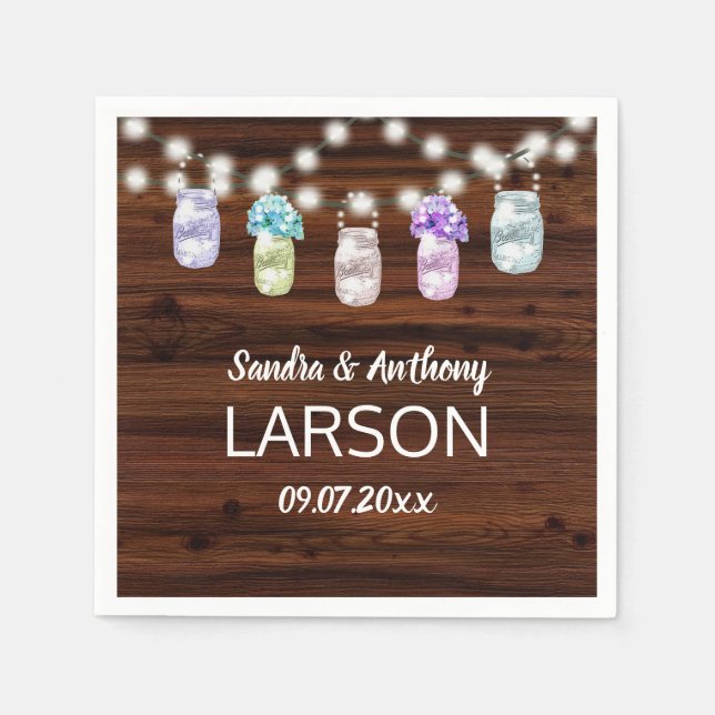 Servilleta De Papel Rústico Mason Jar con servilletas Boda de luces (Anverso)