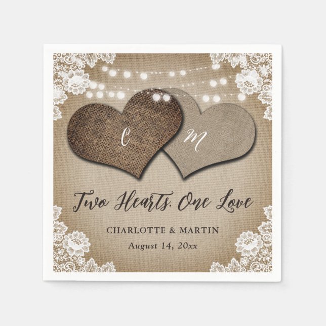 Servilleta De Papel Rústico Monograma Burlap y Boda de encaje (Anverso)