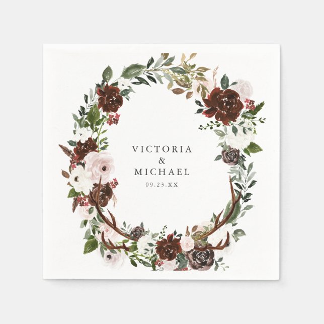 Servilleta De Papel Rústico País Antler Boho Monograma Floral (Anverso)