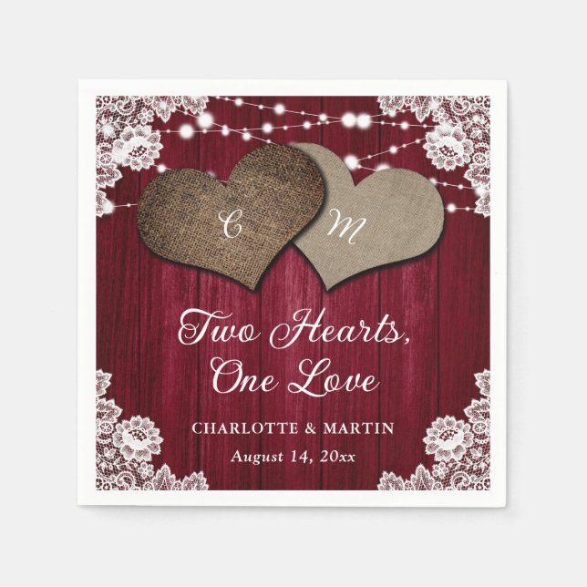 Servilleta De Papel Rústico País Borgoña Madera Burlap Boda (Anverso)