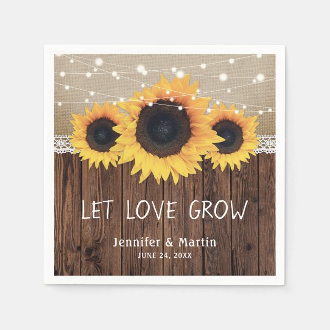 Servilleta De Papel Rústico País Madera Burlap Lace Boda de girasol (Anverso)