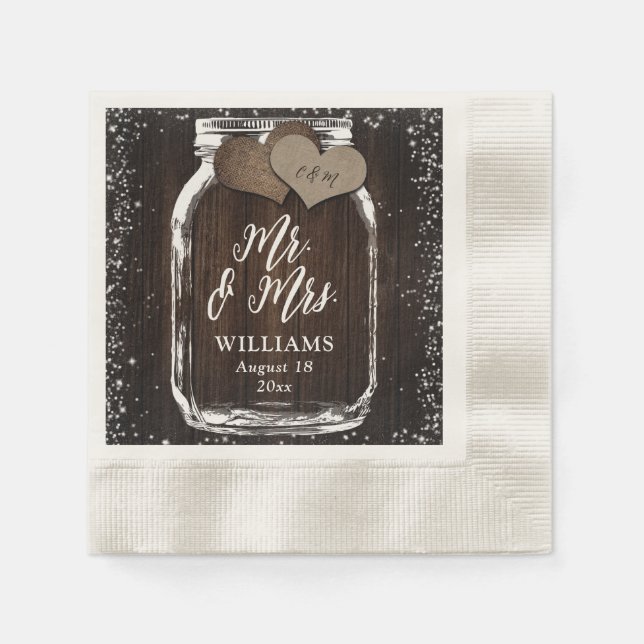 Servilleta De Papel Rústico País Mason Jar Wood Sr y Sra. Boda (Anverso)