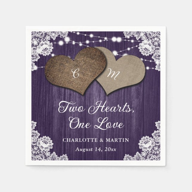 Servilleta De Papel Rústico País Purple Wood Burlap Lace Boda (Anverso)
